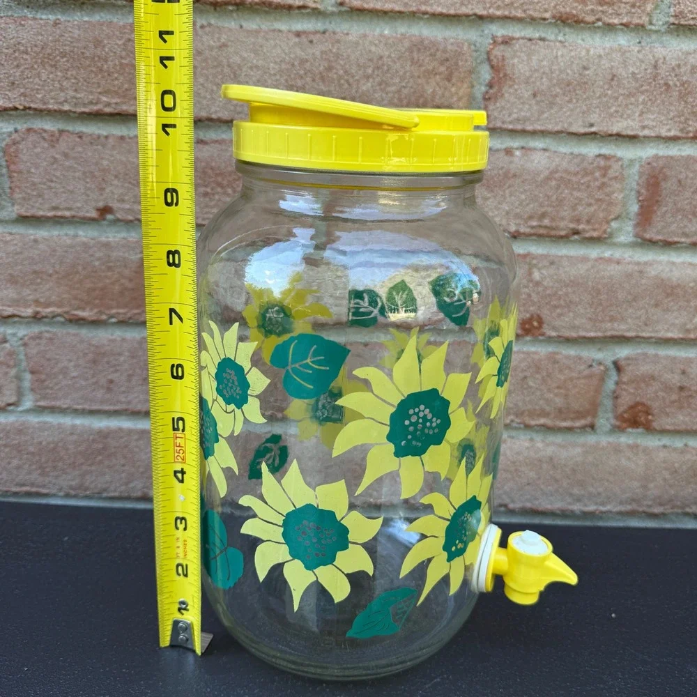 Vintage 80s Sunflower 1 Gallon Glass Sun Tea Jar Drink Dispenser Yellow
